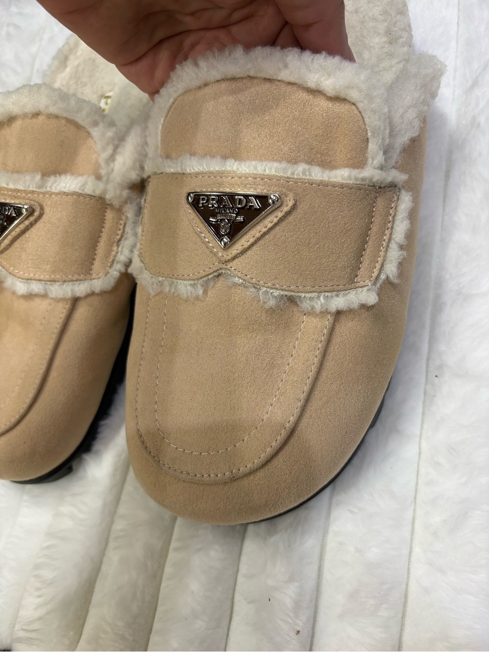 & Other Stories Beige Suede Shearling-Trim Slip-On Mules